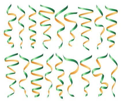 Set of different realistic decorative serpentine, green and gold ribbon Stock Illustration