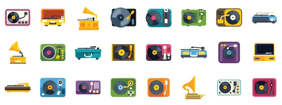 Set of different record players showing evolution of music listening technology イラスト素材