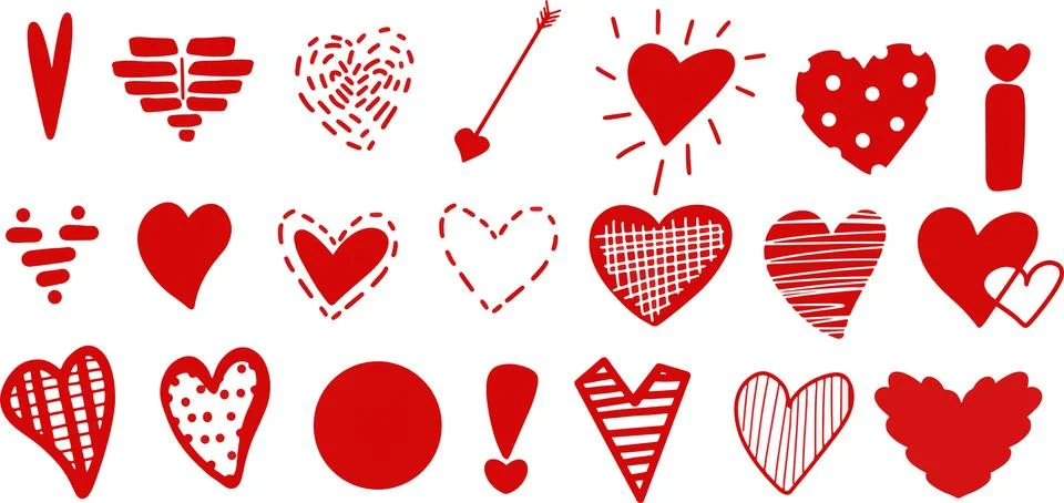 Set of different red hand-drawn hearts. for valentine's day. Stock Illustration