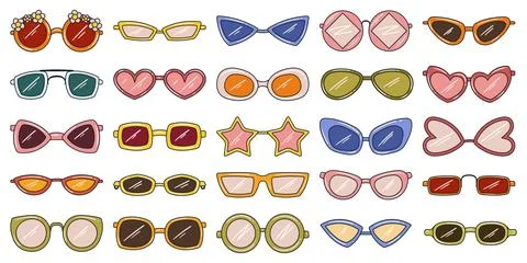 Set of different retro style, hippie sunglasses. Different shapes such a ci.. Stock Illustration