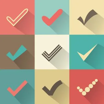 Set of different retro vector check marks or ticks Stock Illustration