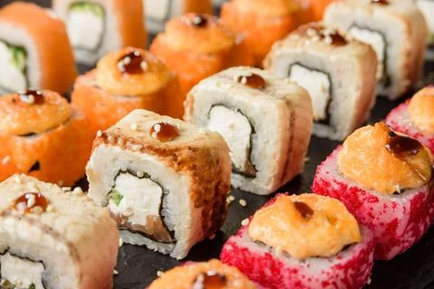 Set of different rolls close-up selective focus. Foto stock