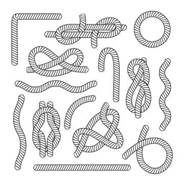 Set of different rope elements and knots outline sketch style Stock Illustration