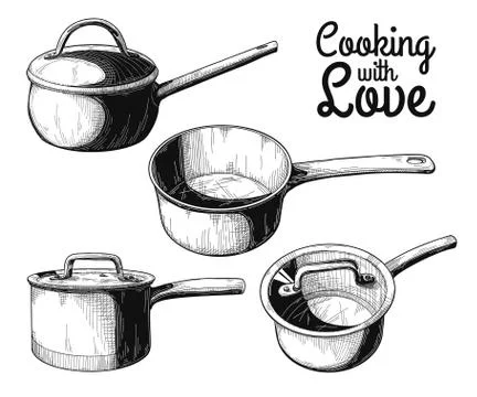 Set of different saucepans on a white background. Vector Stock Illustration