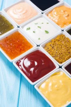 Set of different sauces in ceramic bowl Stock Photos