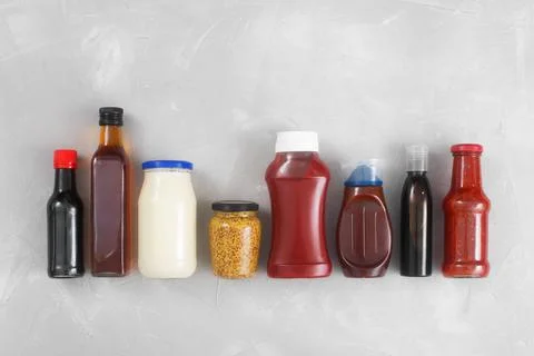 A set of different sauces on the table in the top view Stock Photos