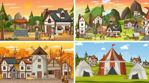 Set of different scene medieval Stock Illustration
