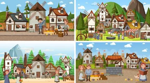 Set of different scene medieval Stock Illustration