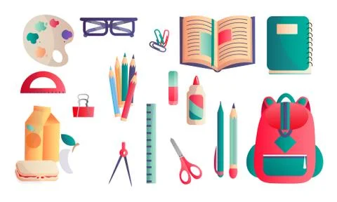 Set of different school and educational supplies. Vector illustration in flat Stock Illustration