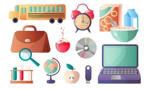 Set of different school and educational supplies. Vector illustration in flat Stock Illustration