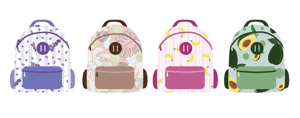 Set of different school backpack and schoolbag. Back to school, Flat or Car.. Stock Illustration
