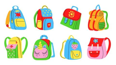 Set of different school backpack and schoolbag Stock Illustration