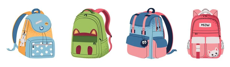 Set of different school backpack and schoolbag. Collection of children bags Stock Illustration