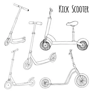Set of different scooters. Vector illustration in sketch style Stock Illustration