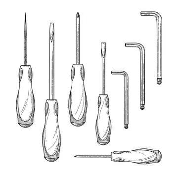 Set of different screwdrivers on a white background. Vector Stock Illustration