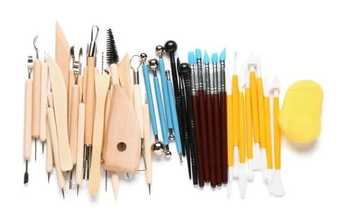 Set of different sculptor tools isolated on white background Stock Photos