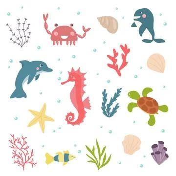 Set of different sea or ocean animals, seashells and seaweeds, vector for kids Stock Illustration
