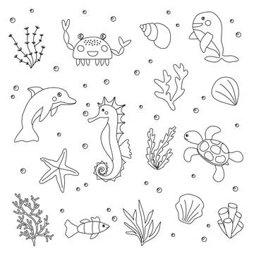 Set of different sea or ocean animals, seashells and seaweeds, vector outline Stock Illustration