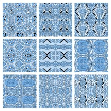 Set of different seamless blue colour geometric pattern Illustration
