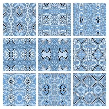 Set of different seamless blue colour geometric pattern Stock-Illustration