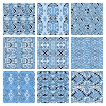 Set of different seamless blue colour geometric pattern Stock-Illustration