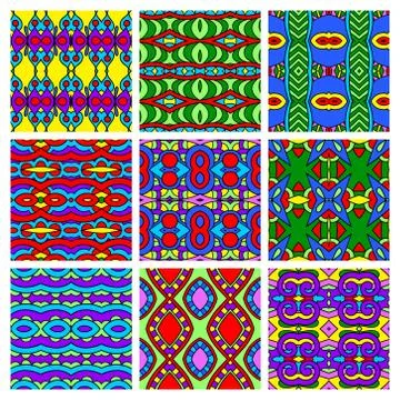 Set of different seamless colored vintage geometric pattern Stock-Illustration