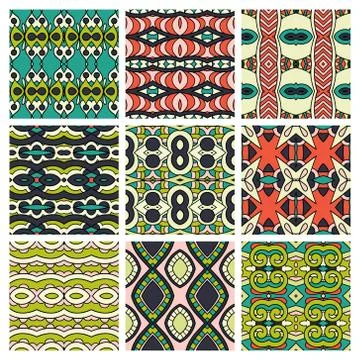 Set of different seamless colored vintage geometric pattern Stock-Illustration
