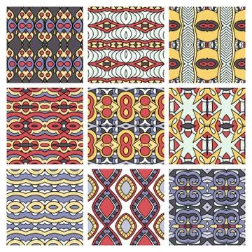 Set of different seamless colored vintage geometric pattern Stock-Illustration
