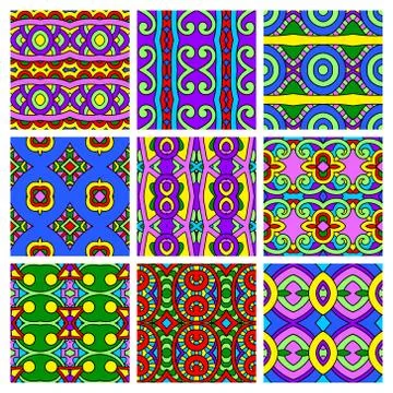 Set of different seamless colored vintage geometric pattern Stock-Illustration