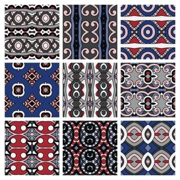 Set of different seamless colored vintage geometric pattern Illustration