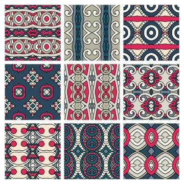 Set of different seamless colored vintage geometric pattern Stock Illustration