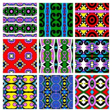 Set of different seamless colored vintage geometric pattern Stock Illustration