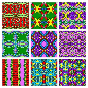 Set of different seamless colored vintage geometric pattern Stock-Illustration