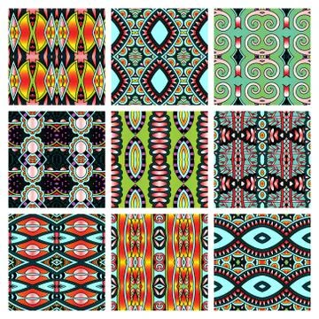 Set of different seamless colored vintage geometric pattern Stock-Illustration