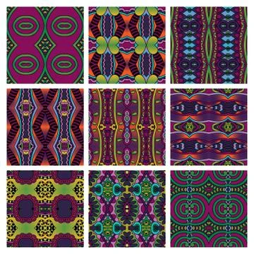 Set of different seamless colored vintage geometric pattern Stock-Illustration