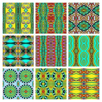 Set of different seamless colored vintage geometric pattern Stock-Illustration
