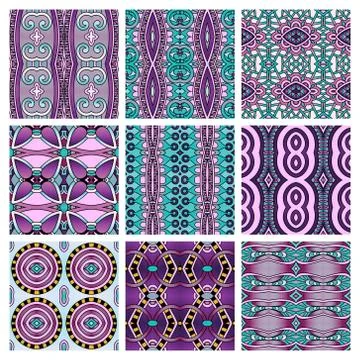 Set of different seamless colored vintage geometric pattern Stock-Illustration