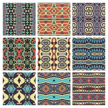 Set of different seamless colored vintage geometric pattern Stock-Illustration
