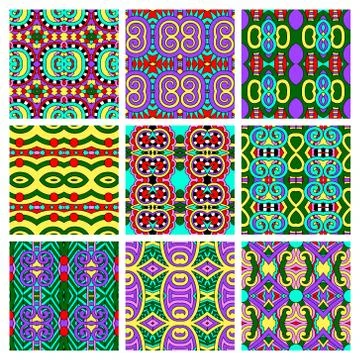 Set of different seamless colored vintage geometric pattern Stock-Illustration