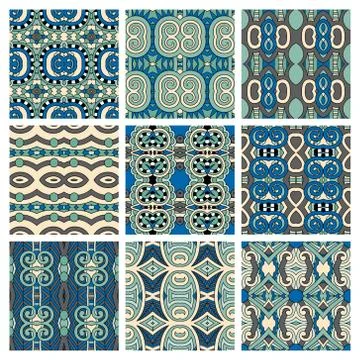 Set of different seamless colored vintage geometric pattern Ilustración de archivo