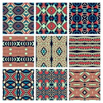 Set of different seamless colored vintage geometric pattern, tex Stock Illustration