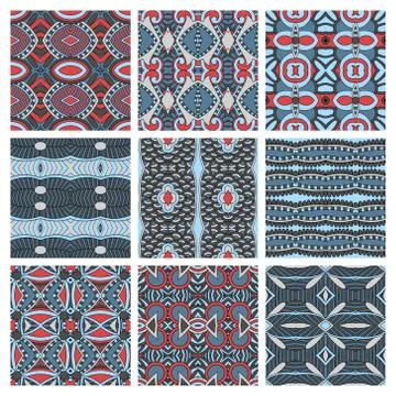 Set of different seamless colored vintage geometric pattern, tex Illustrazione stock