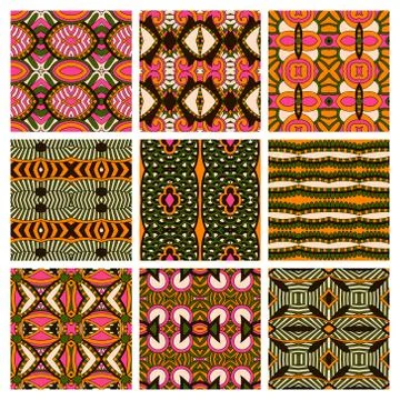 Set of different seamless colored vintage geometric pattern, tex Stock-Illustration