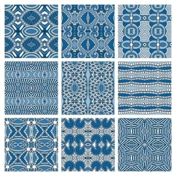 Set of different seamless colored vintage geometric pattern, tex Stock-Illustration