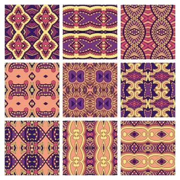 Set of different seamless colored vintage geometric pattern, tex Stock-Illustration