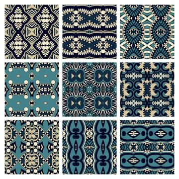 Set of different seamless colored vintage geometric pattern, tex Stock Illustration