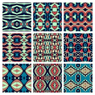 Set of different seamless colored vintage geometric pattern, tex Stock Illustration