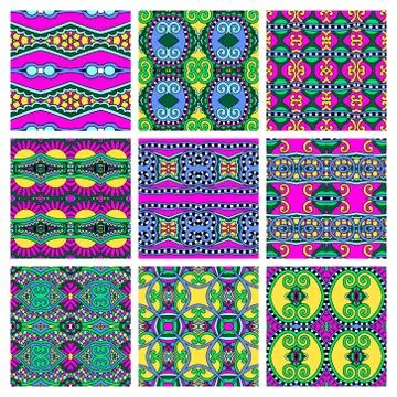 Set of different seamless colored vintage geometric pattern, tex Stock Illustration