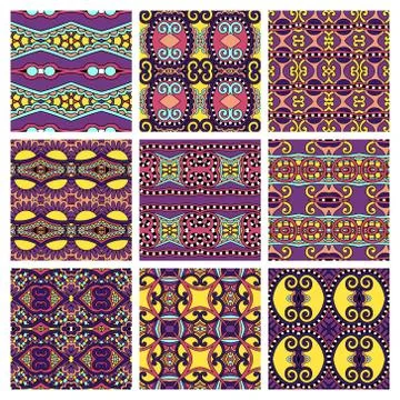 Set of different seamless colored vintage geometric pattern, tex Stock-Illustration