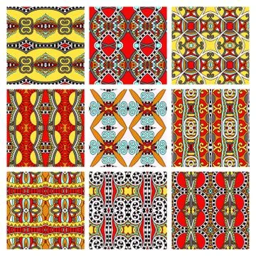 Set of different seamless colored vintage geometric pattern, tex Stock-Illustration